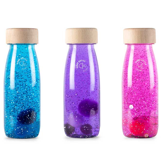 pack de botellas sensoriales de color azul, lila y rosa