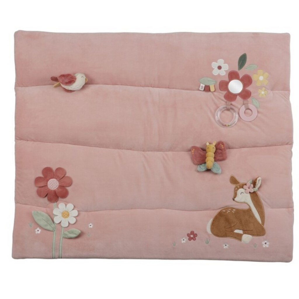 Tapis de jeu rembourré rose avec fleurs, cerf brodé et jouets sensoriels pour bébés
