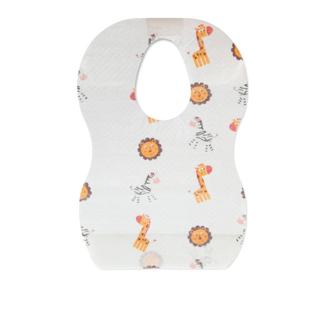 Babero desechable para bebé con estampado de leones, cebras y jirafas