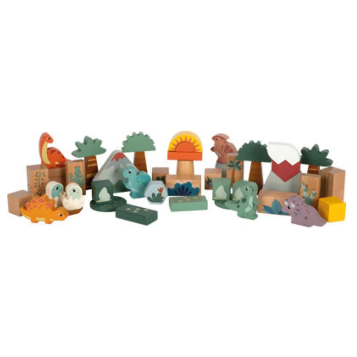 Paysage jurassique construit avec des blocs de bois avec des dinosaures et des éléments naturels décoratifs