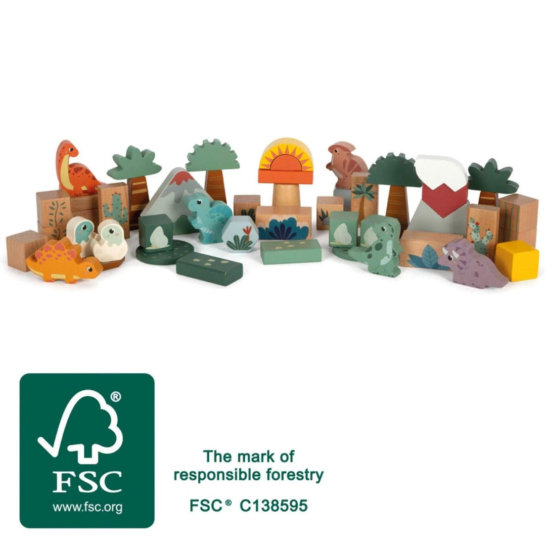 Set completo di blocchi di legno a tema dinosauri certificati FSC per bambini