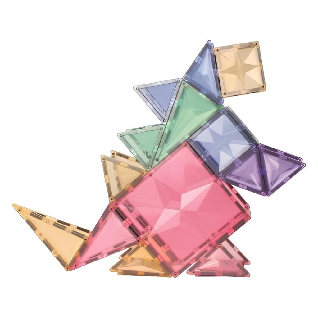 Figura geométrica con forma de dinosaurio hecha con piezas magnéticas pastel Clever Clixx
