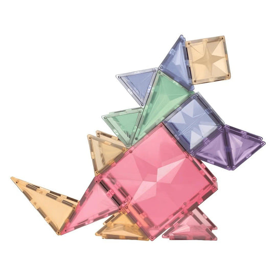 Figura geometrica a forma di dinosauro realizzata con pezzi magnetici Clever Clixx color pastello