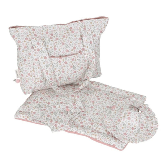 Doll bag and changing set Little Dutch with pink floral print, ideal for baby care play