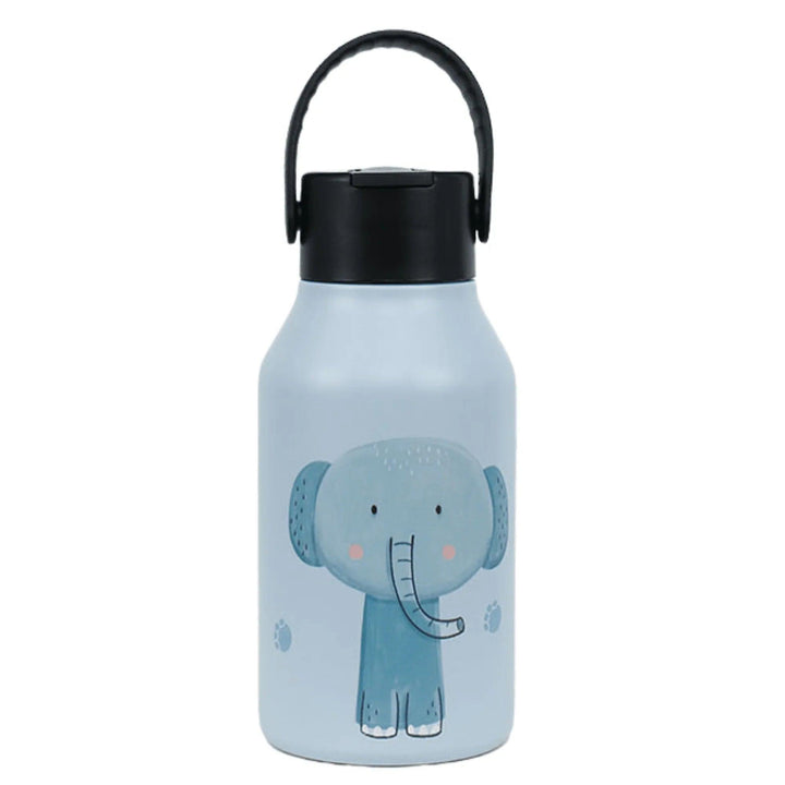 Bouteille isotherme en acier inoxydable pour enfant, ornée d'un motif éléphant bleu. Idéale pour garder les boissons chaudes ou froides. Parfaite pour les enfants et facile à transporter.