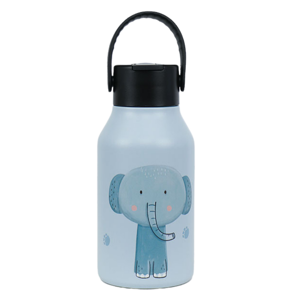 Botella térmica infantil de acero inoxidable con diseño de elefante azul. Ideal para mantener bebidas frías o calientes. Perfecta para niños y fácil de transportar