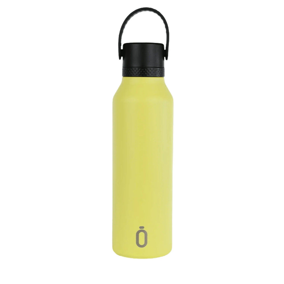 Botella térmica Runbott amarilla limón de acero inoxidable con tapa negra y asa – reutilizable y ecológica – 600 ml
