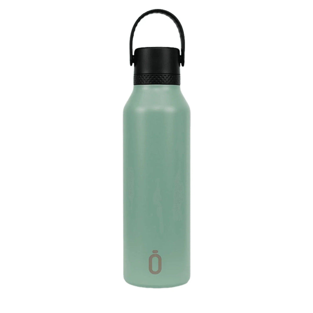 Botella térmica Runbott de acero inoxidable color eucalipto con tapa negra y asa – reutilizable y sostenible – 600 ml