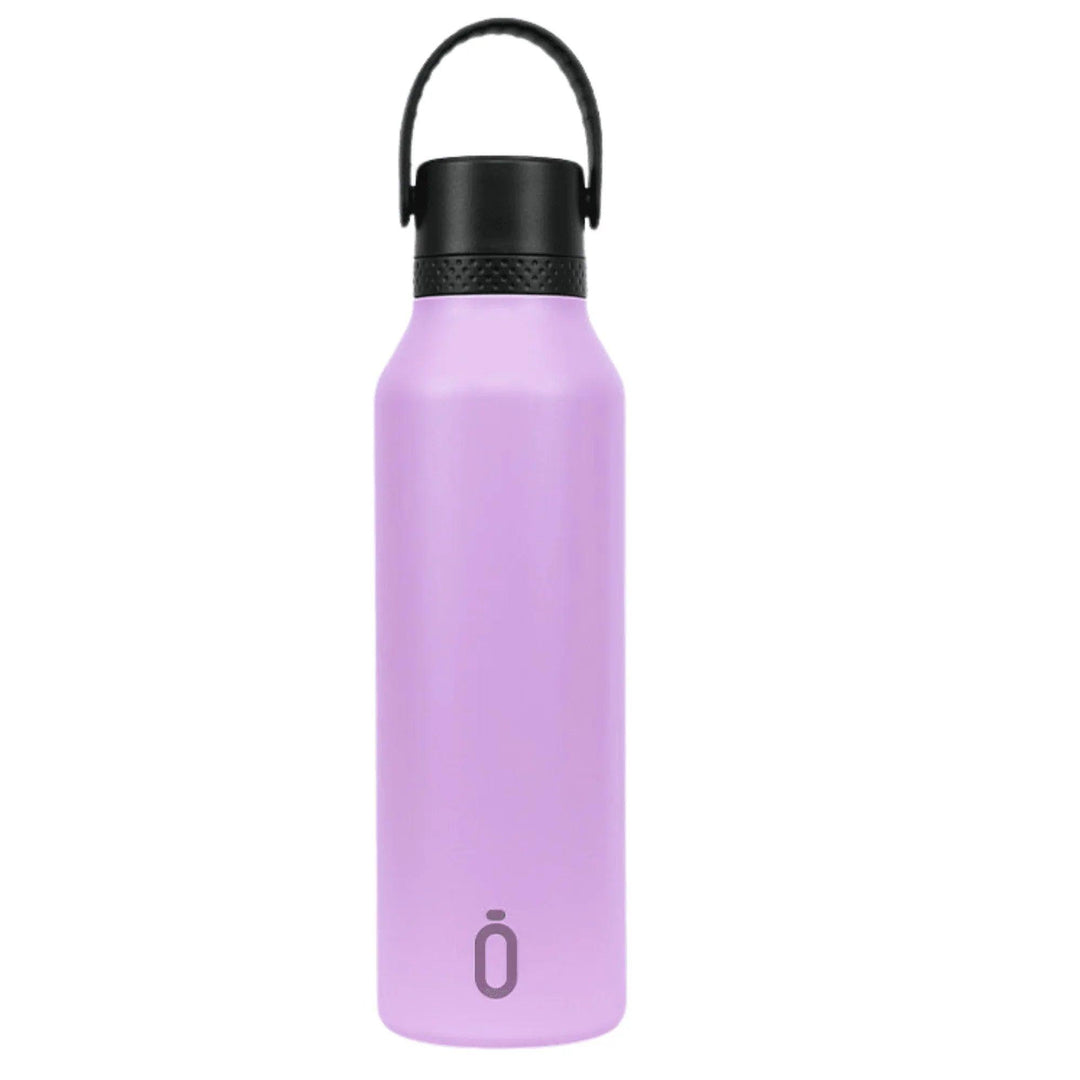 Botella térmica Runbott color lila de acero inoxidable con tapa negra y asa – reutilizable – capacidad 600 ml