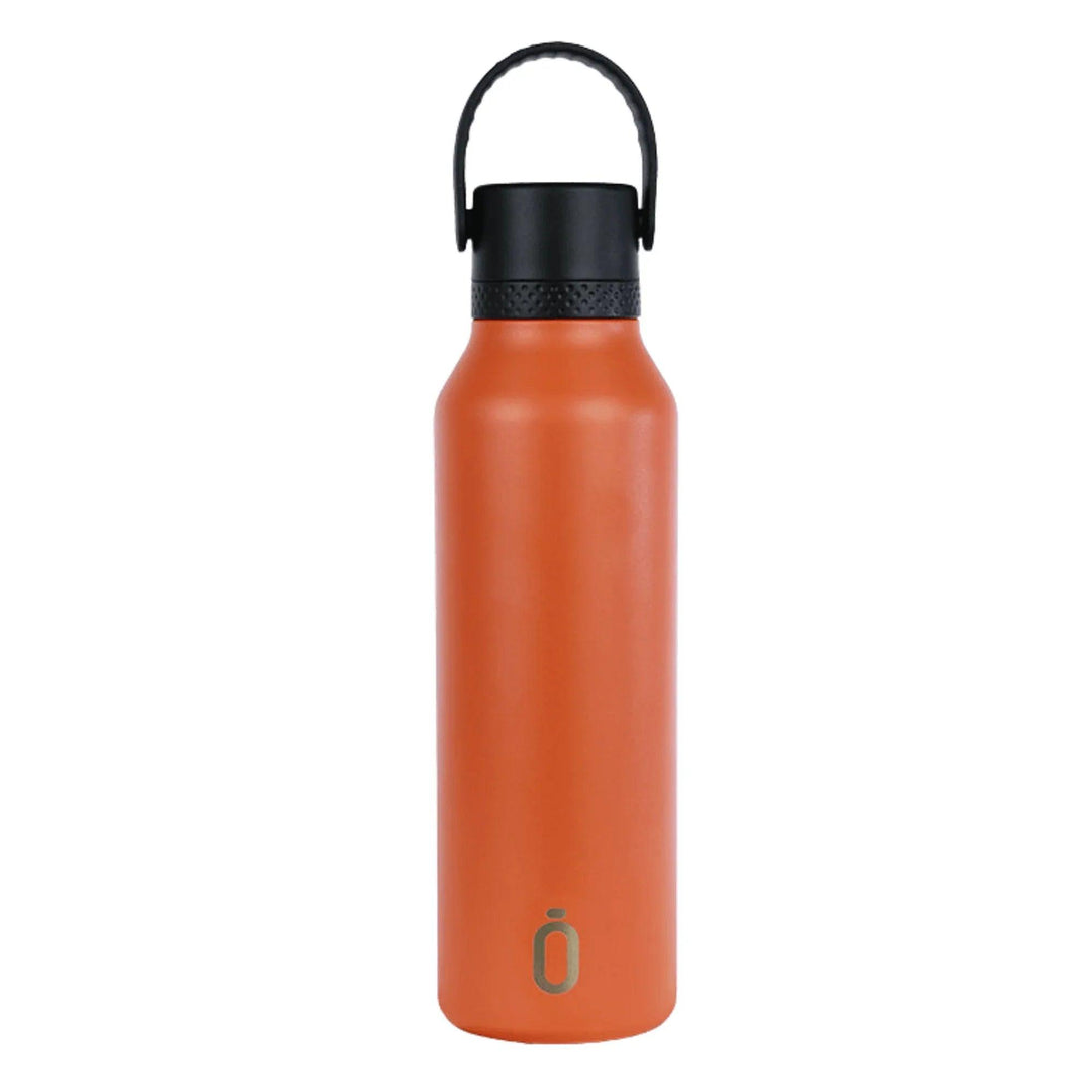 Botella térmica Runbott naranja de acero inoxidable con tapa negra y asa – capacidad 600 ml – reutilizable y ecológica