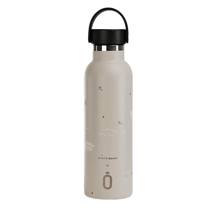 Stainless steel thermal bottle with beige cloud design, airtight lid and silicone handle for easy transport
