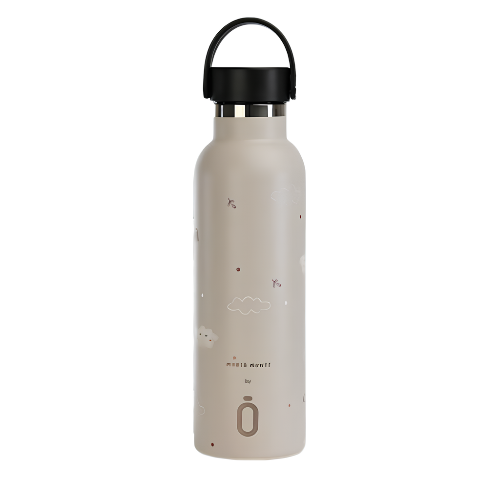 Botella térmica de acero inoxidable con diseño de nubes en tono beige, tapa hermética y asa de silicona para fácil transporte