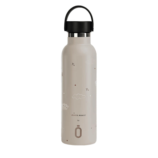 Stainless steel thermal bottle with beige cloud design, airtight lid and silicone handle for easy transport