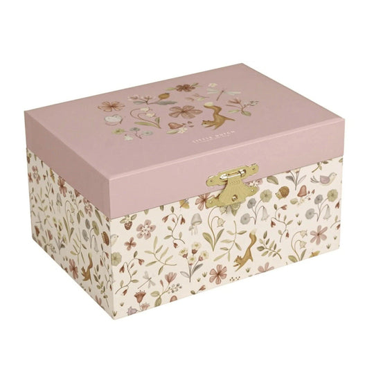 Boîte à musique pour enfants fermée avec des illustrations de fleurs et d'animaux aux couleurs pastel, avec un couvercle rose