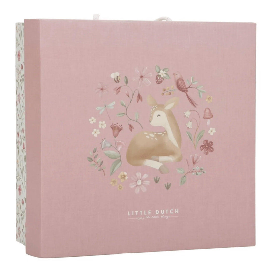 Pink box decorated with illustrations of flowers, deer and birds from the Little Dutch brand