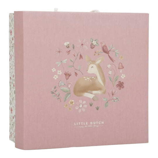 Pink box decorated with illustrations of flowers, deer and birds from the Little Dutch brand