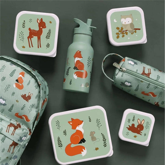 Boîtes à collations pour enfants avec des illustrations d'un renard, d'un hibou, d'un cerf et d'un lapin, parfaites pour les collations.