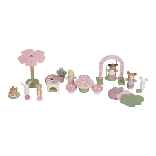 Wooden woodland fairy play set with figures, mushroom table, and swing, ideal for children