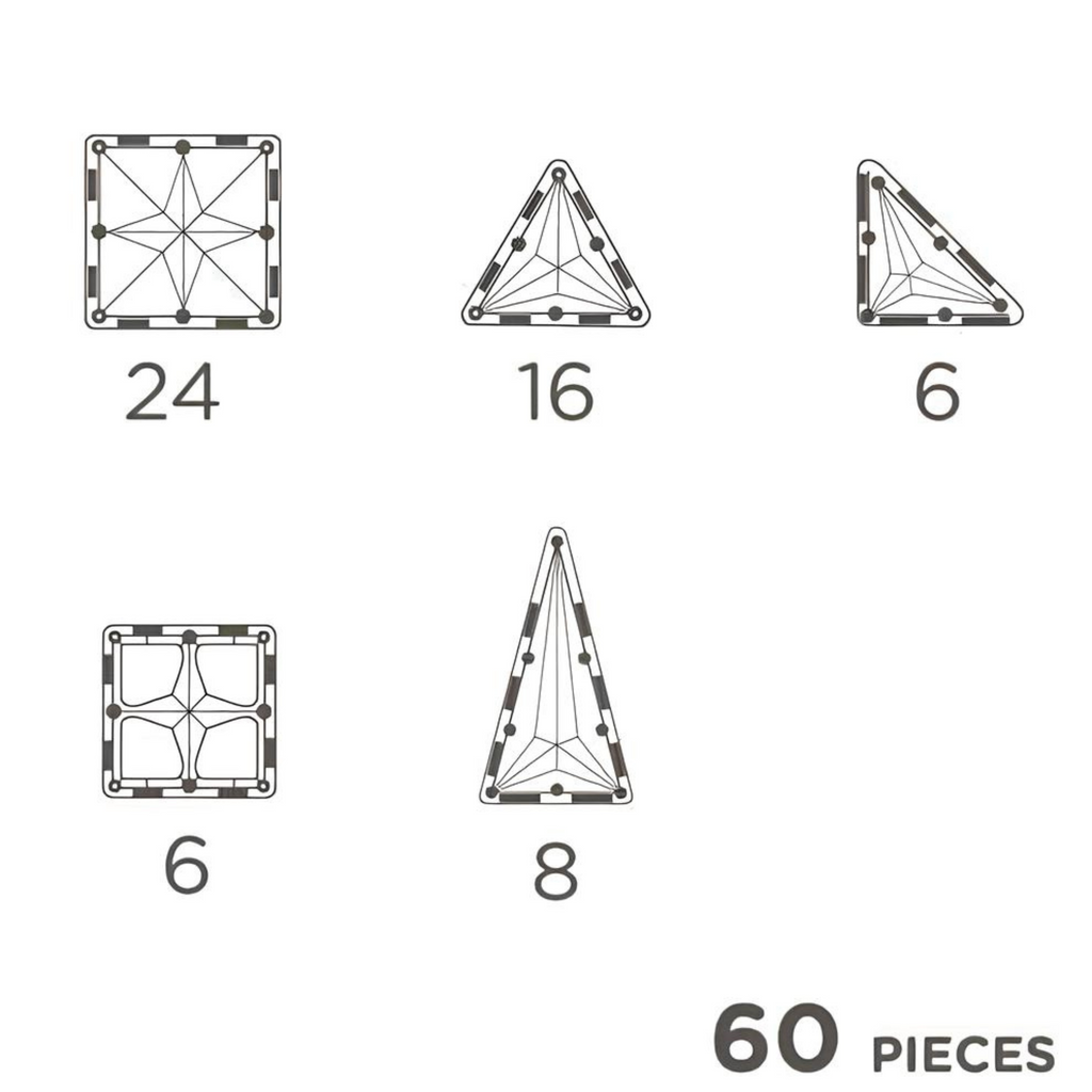 Contenido del set Clever Clixx 60 piezas, incluye cuadrados, triángulos y diferentes formas magnéticas de construcción