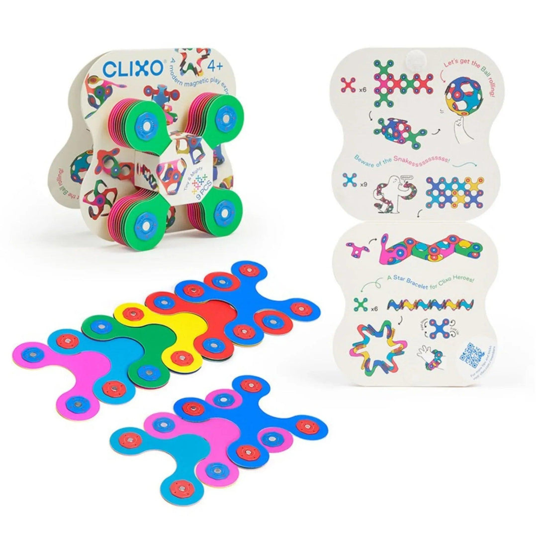 Clixo magnetic toy set with colorful pieces and game instructions