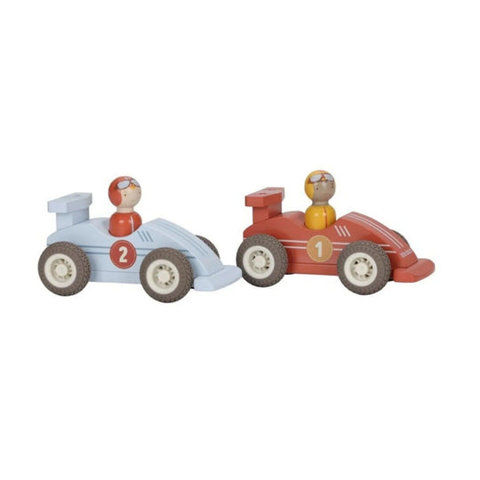 Ensemble de voitures de course en bois Little Dutch avec des pilotes numérotés et des détails réalistes.