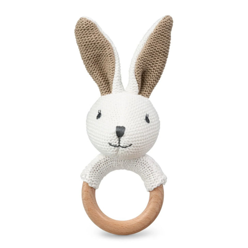 Baby teether with knitted rabbit head and natural wood ring