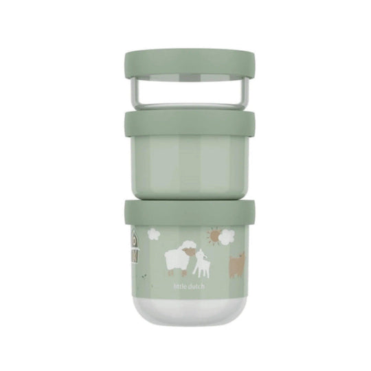 Set of three stackable containers with sheep and farm illustrations, ideal for snacks or fruit