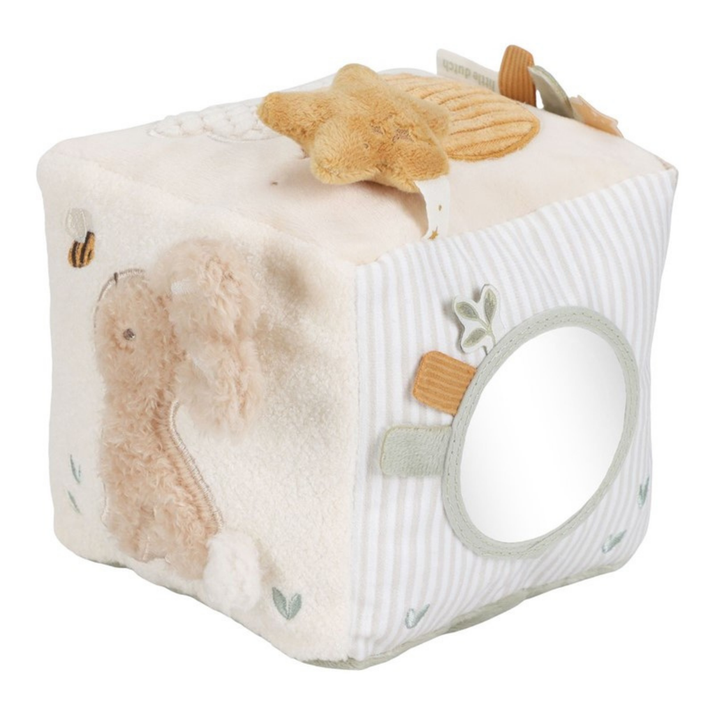 Cubo de actividades Little Dutch con conejito, espejo y estrella de peluche para la estimulación del bebé.
