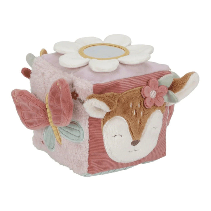 Cube sensoriel Montessori de la marque Little Dutch avec des dessins de papillons, de renards et de fleurs
