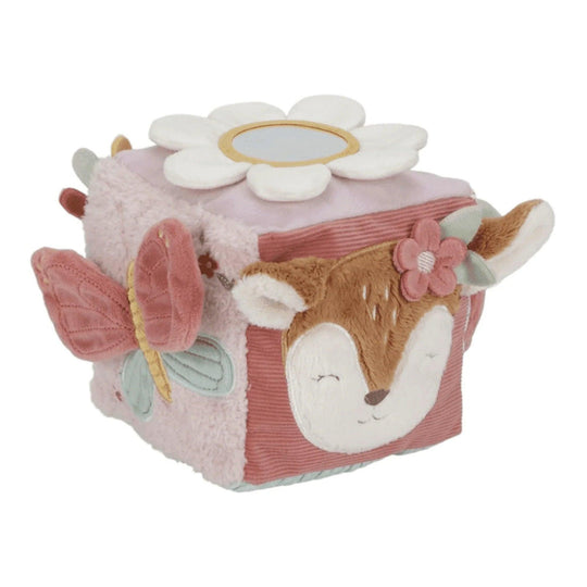 Cube sensoriel Montessori de la marque Little Dutch avec des dessins de papillons, de renards et de fleurs