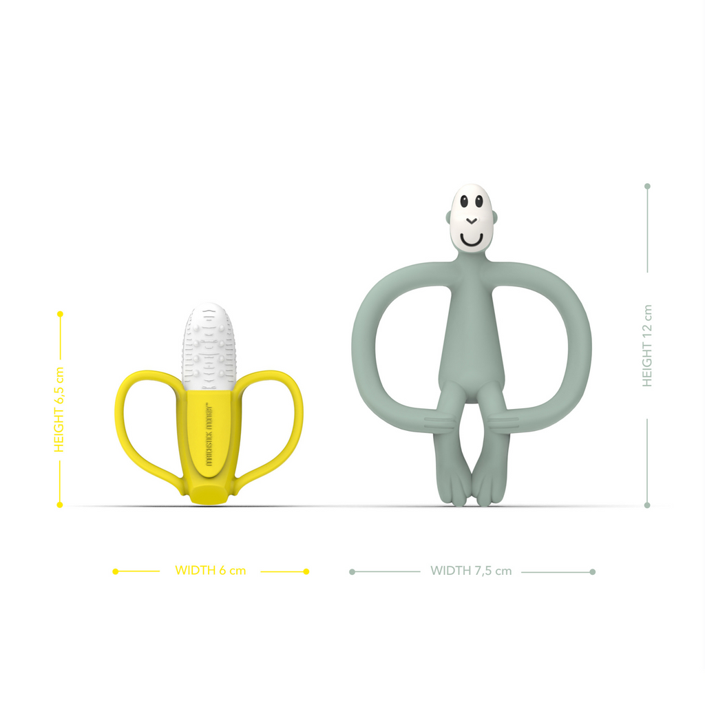 Dimensiones mordedor Matchstick Monkey: banana 6,5 cm x 6 cm y mono 12 cm x 7,5 cm, silicona segura para bebés