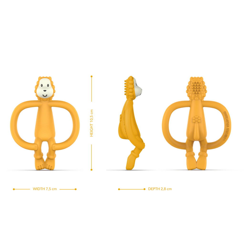 Dimensiones mordedor Matchstick Monkey león: 10,5 cm de alto, 7,5 cm de ancho y 2,8 cm de grosor