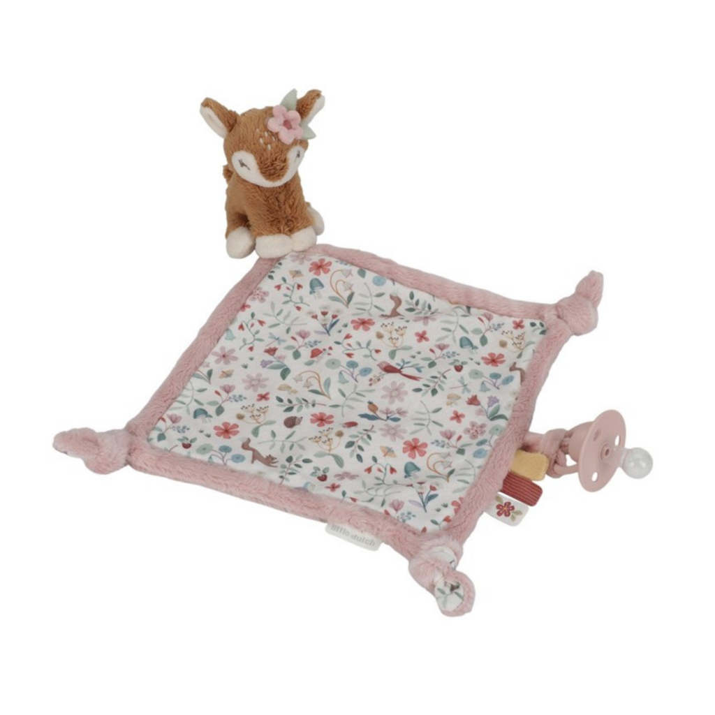 Dou dou de peluche ciervo Little Dutch con manta floral y sujeción para chupete, en tonos suaves.