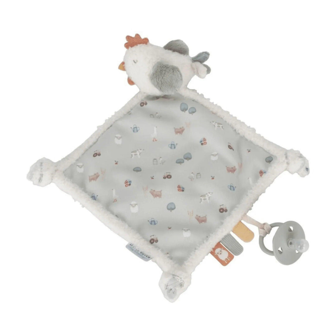 Fabric dou-dou with a farm animal print, soft plush border, and a plush chicken in one corner, accompanied by sensory tags and a pacifier clip.