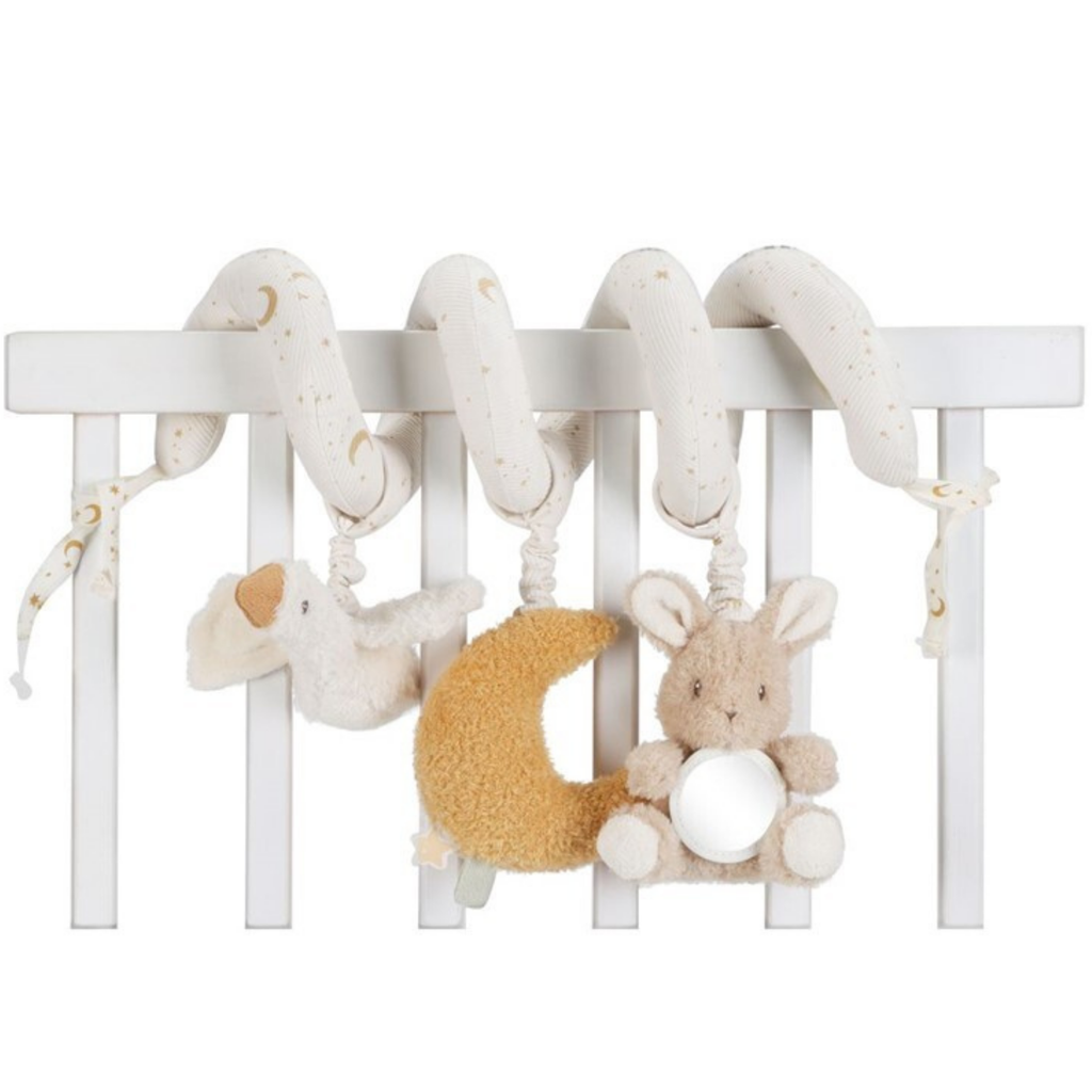 Espiral de actividades para cuna blanca Little Dutch con peluche, luna y ganso en tonos neutros