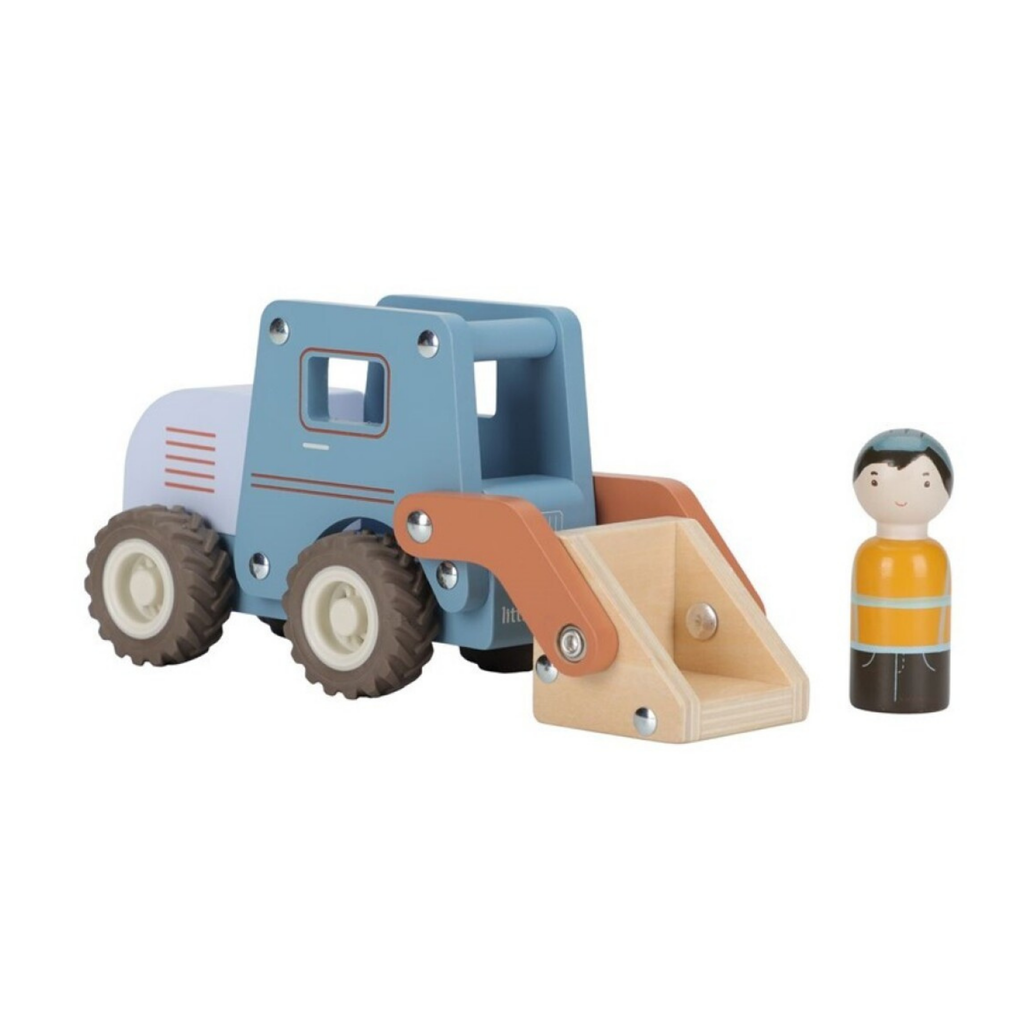 Excavadora de juguete de madera Little Dutch acompañada de una figura de trabajador sobre fondo blanco