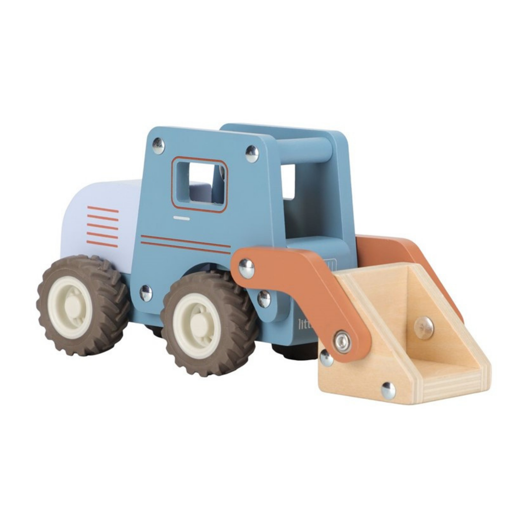 Excavadora de madera color azul con pala frontal móvil Little Dutch sobre fondo blanco