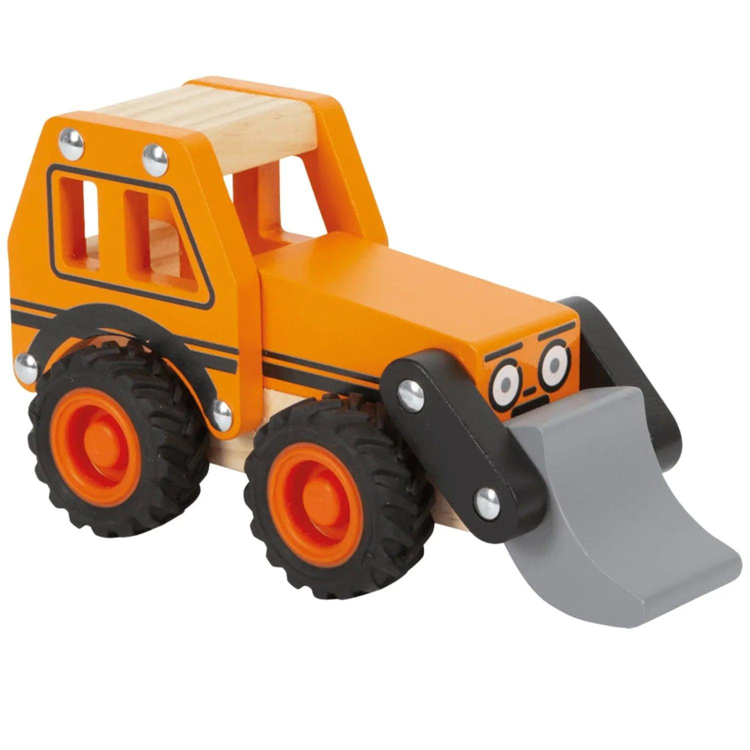 Cargador frontal de juguete en madera con diseño naranja y negro, ruedas gruesas y pala gris móvil.