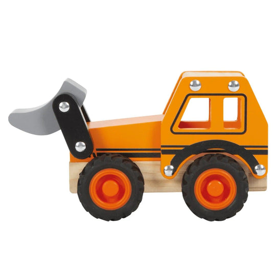 Toy wooden side loader with orange and black design, chunky wheels and a movable grey shovel.