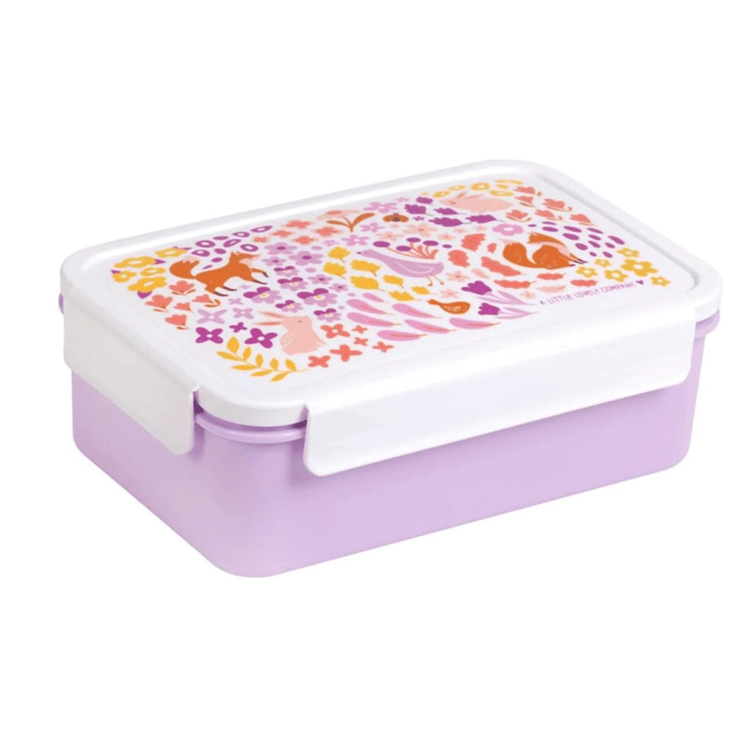 Caja de almuerzo infantil color lila con tapa blanca decorada con zorros, conejos y flores en tonos pastel