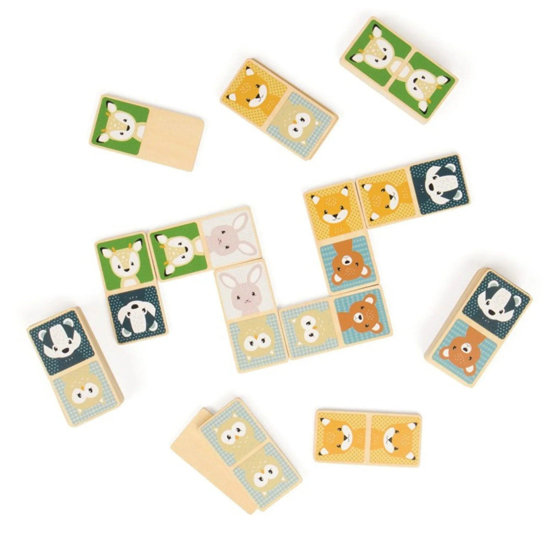 Tessere del domino per bambini con illustrazioni di animali della foresta su sfondo bianco.