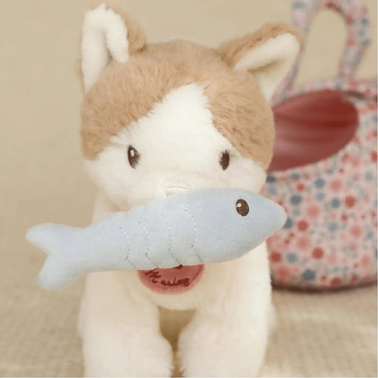 Little Dutch plush cat holding blue fabric fish – high quality and delicate design children's toy.