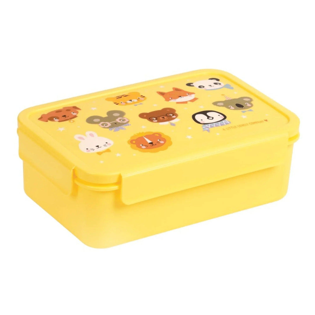 Lunchbox giallo per bambini con illustrazioni kawaii di animali sul coperchio