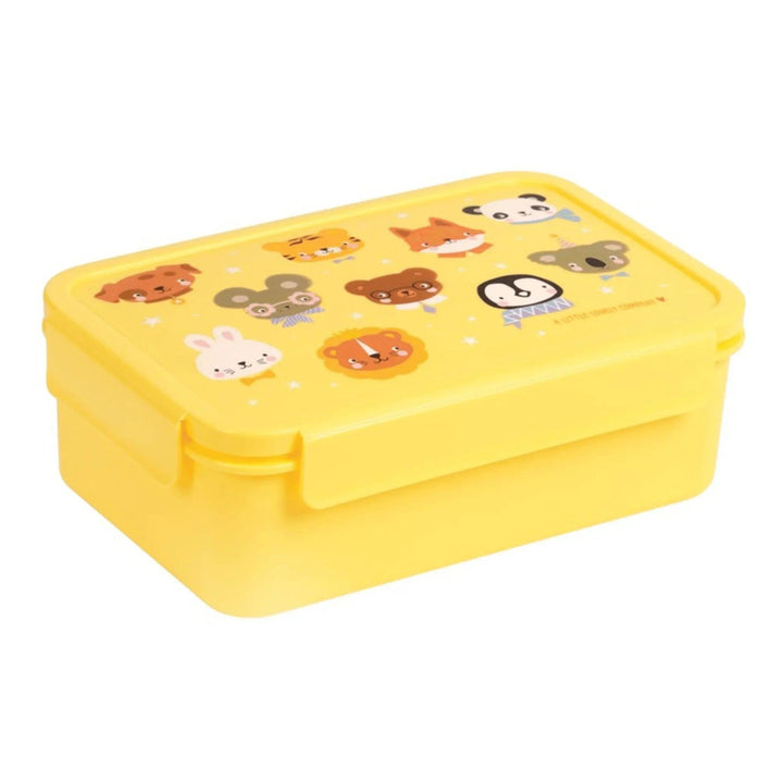 Lunchbox giallo per bambini con illustrazioni kawaii di animali sul coperchio