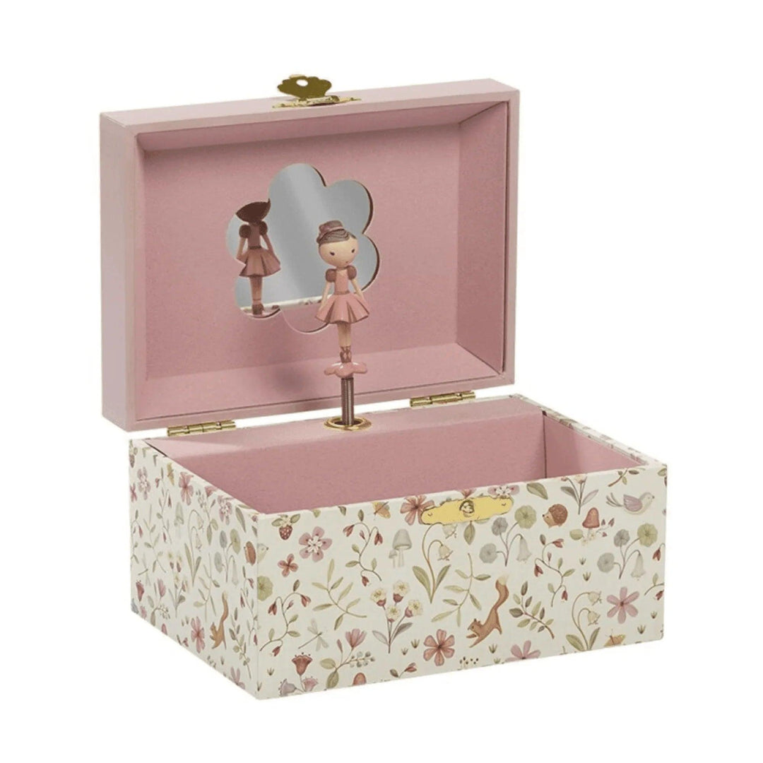 Joyero musical infantil con diseño floral, bailarina rosa y espejo en forma de flor. Incluye pulsera de cuentas