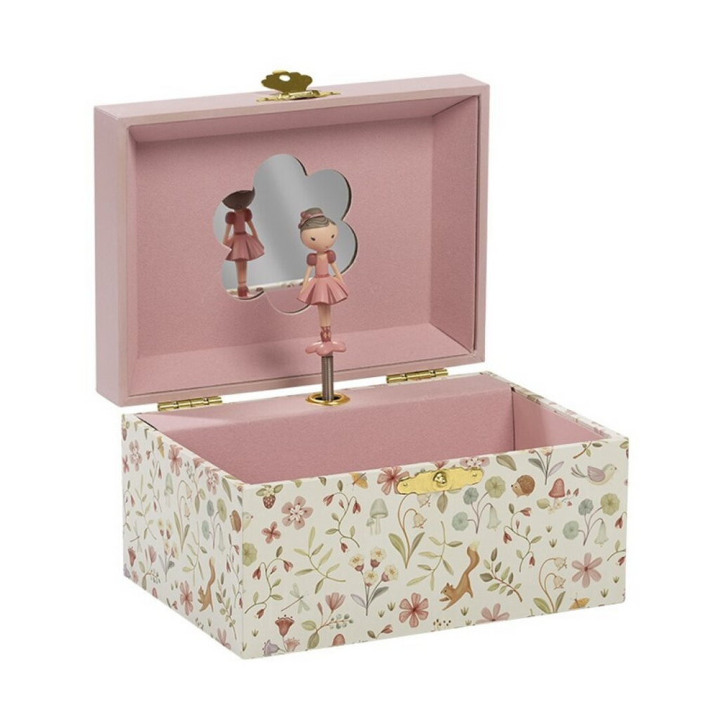 Joyero musical infantil con diseño floral, bailarina rosa y espejo en forma de flor. Incluye pulsera de cuentas