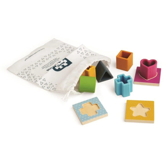 Ensemble de formes géométriques pour enfants avec sac en tissu pour le rangement et le transport.