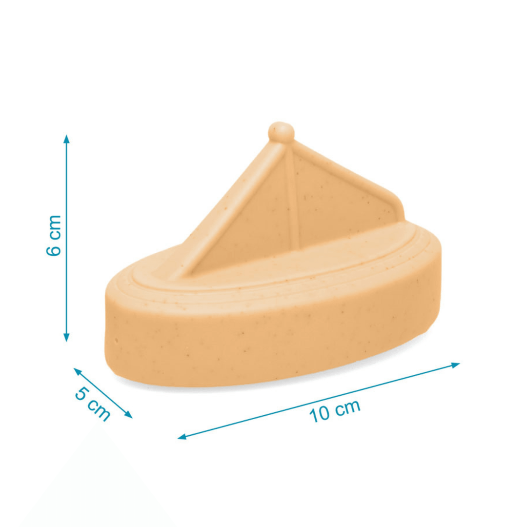 Juguete de baño en forma de barco con medidas indicadas, fabricado en silicona para bebés.