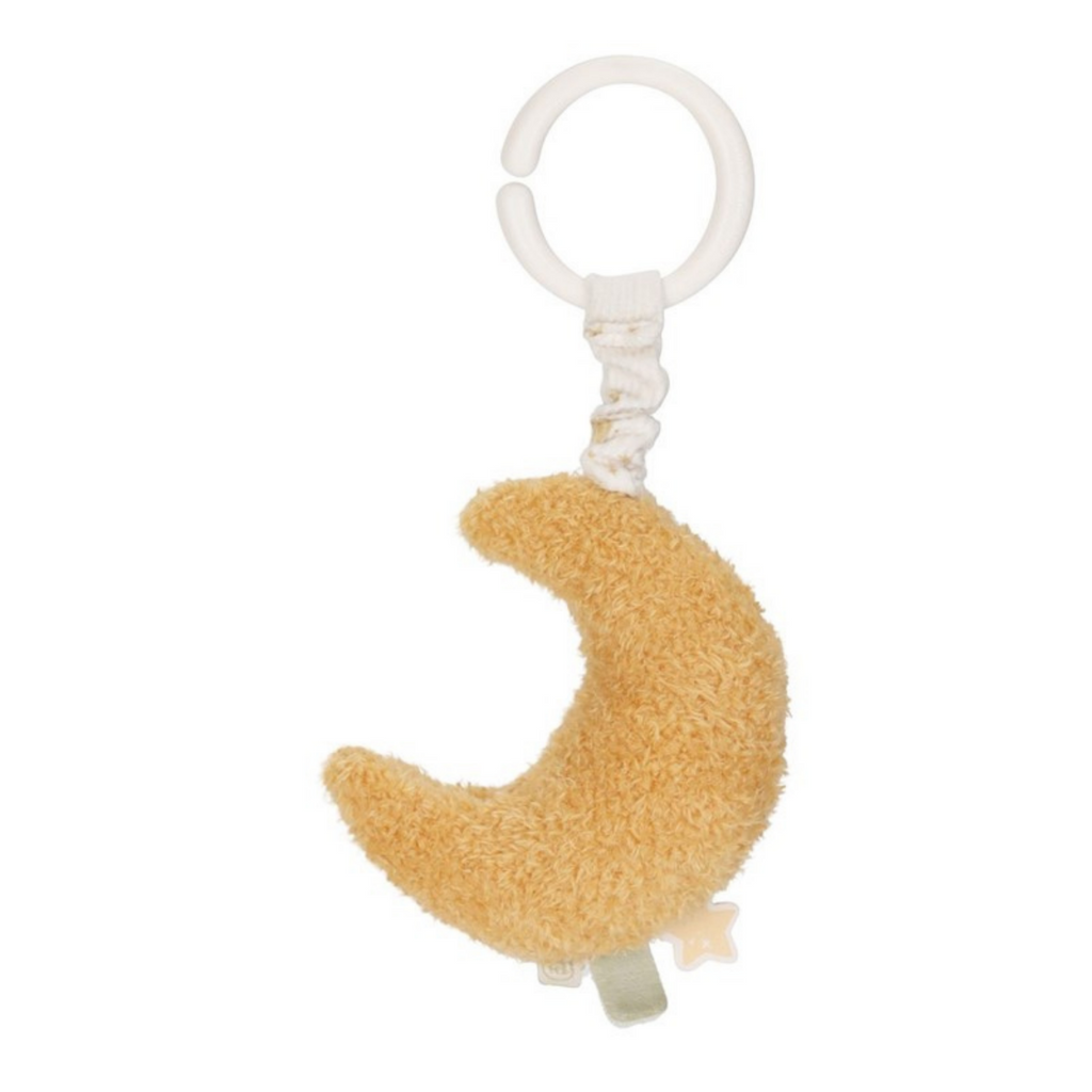 Juguete colgante para bebé Little Dutch con luna de peluche mostaza y anilla para colgar