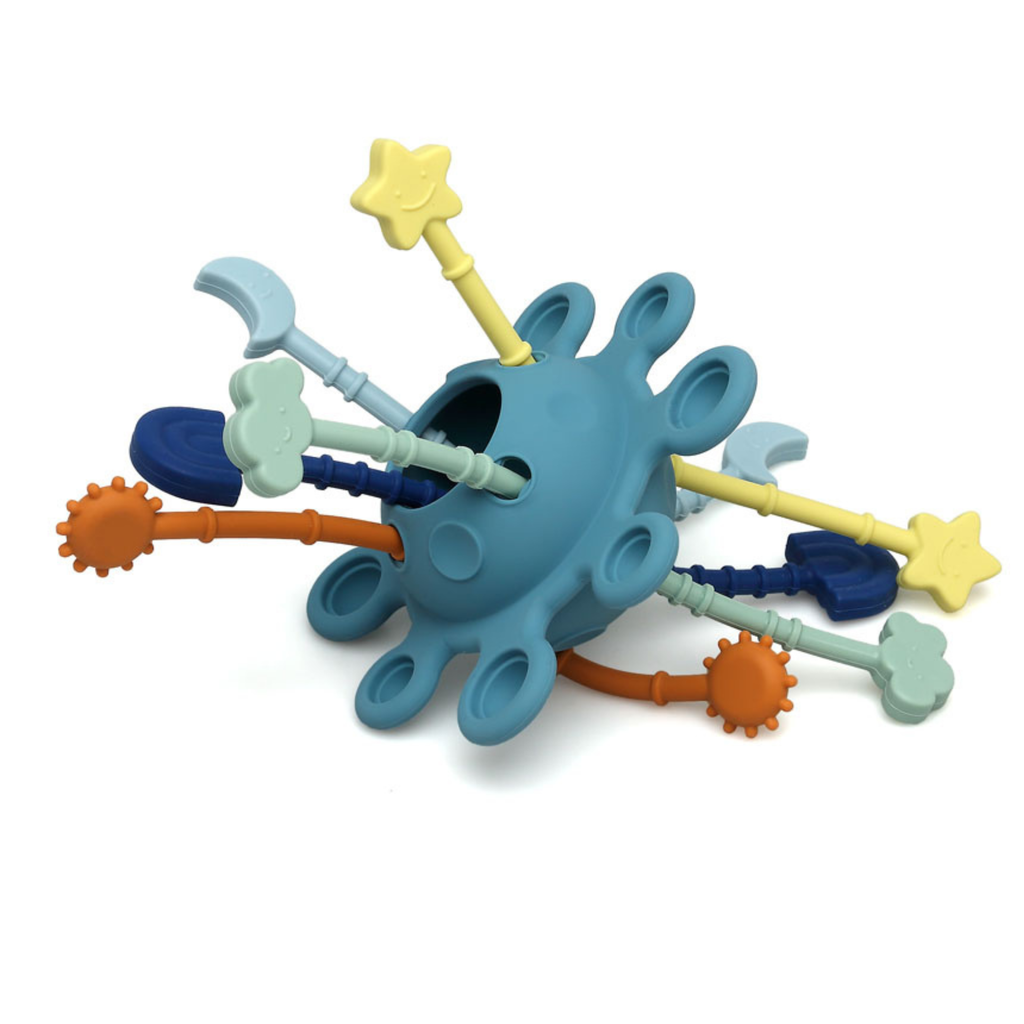 Juguete sensorial de silicona con varillas de diferentes colores y texturas para bebé.